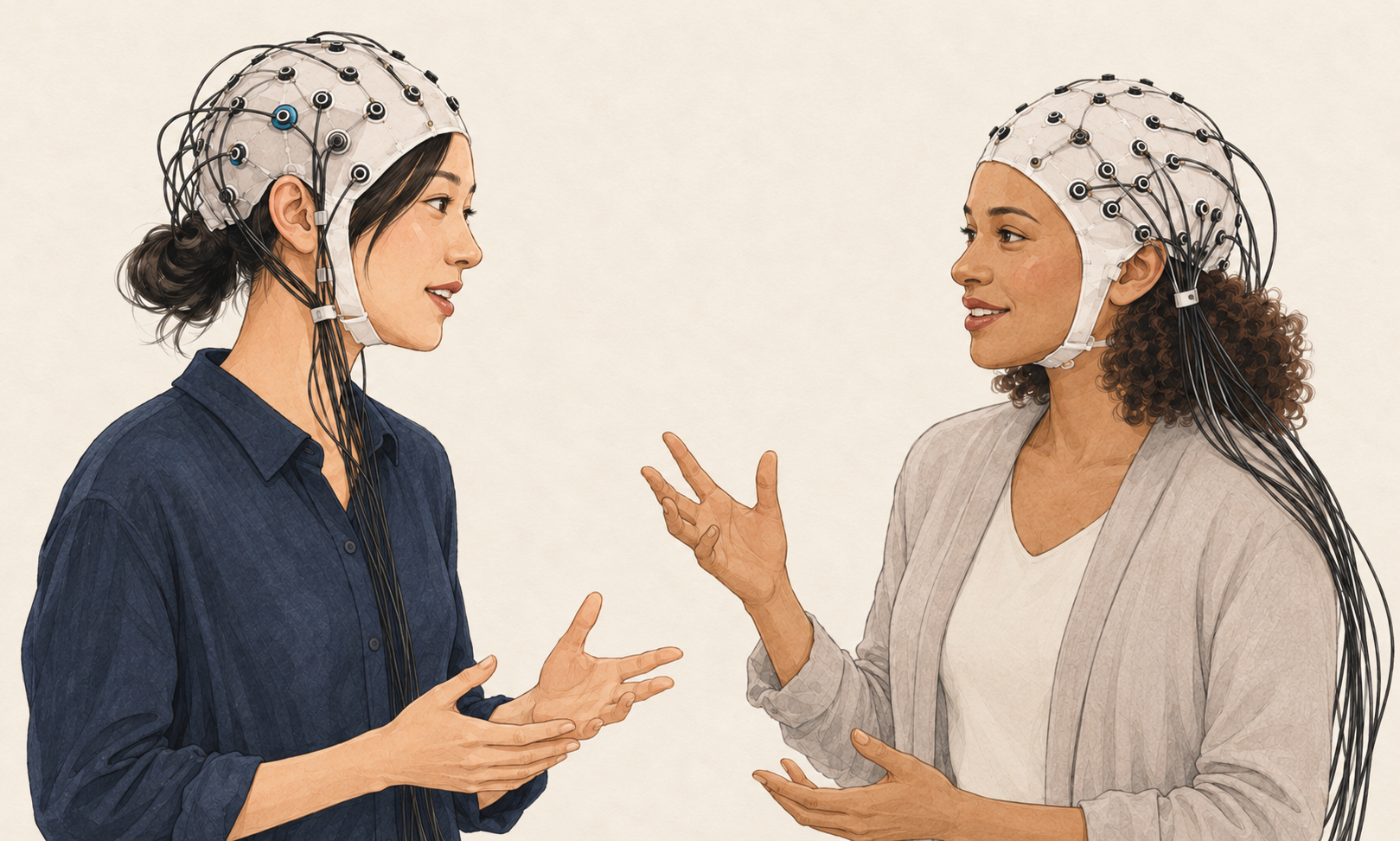 脳波計測用のキャップを着け、向かい合って会話する二人のイラスト