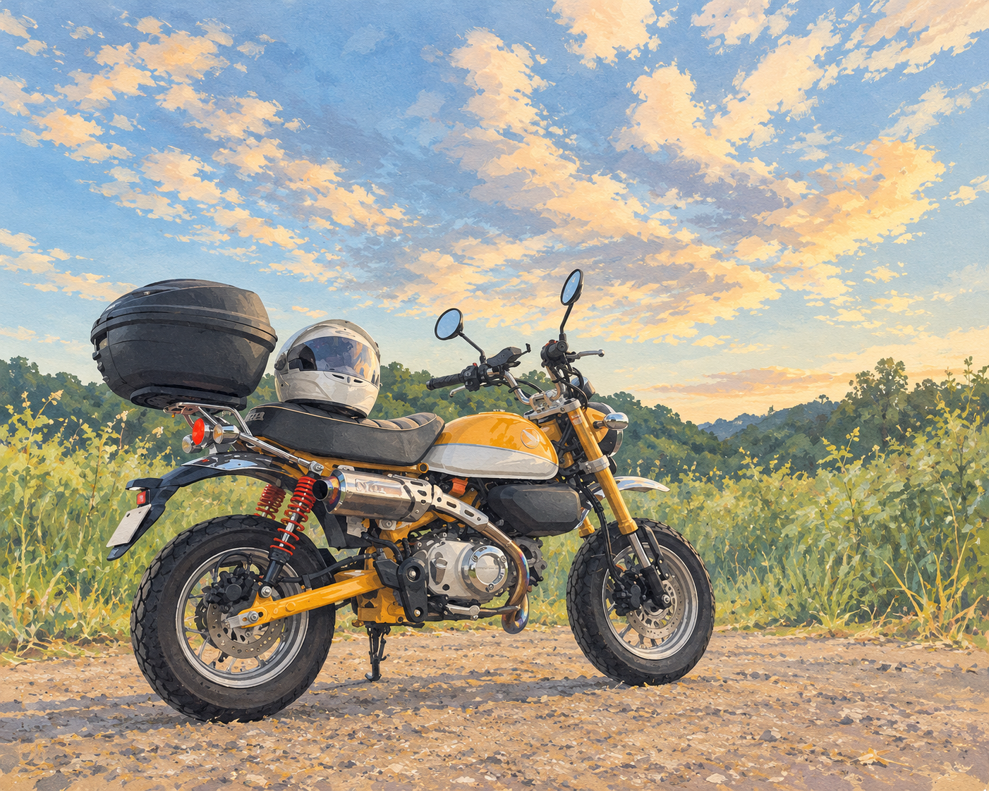 夕空の下、草地の道に停めた黄色いバイクのイラスト